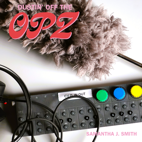 A picture of an OPZ synthesiser (grey with coloured knobs) sitting on a white background. A set of headphones and cable are draped over the left hand side while a fake feather duster is at the top. Dustin off the OPZ is in red and pink in the top left and Samantha J. Smith in pink at the bottom right.