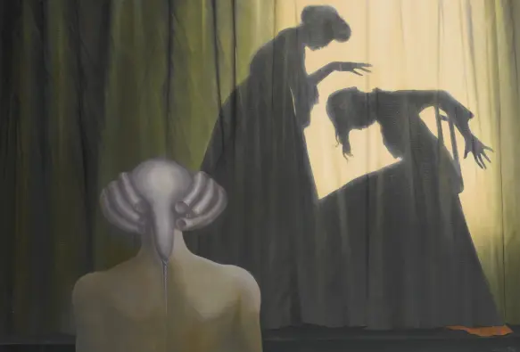 The dark silhouettes of two women behind a curtain, one woman bowing (?), the other standing over her, one hand outstretched over the head of the bowing woman. In the left bottom foreground, a human figure seen from the back, with the unclothed upper arms and bare back facing us. The figure wears a grayish ornate wig or hat.