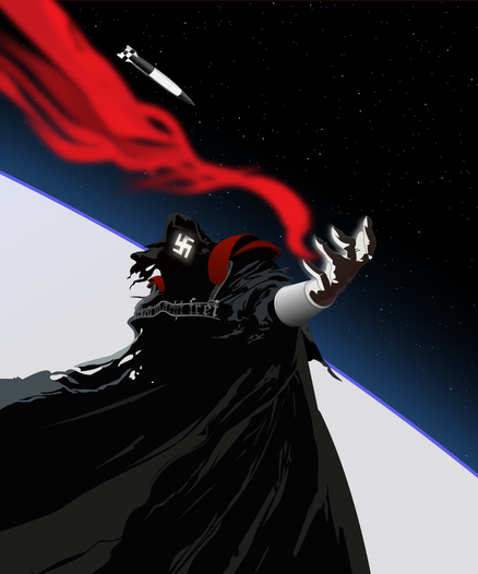 Dans l’espace, quoique proche de la terre dont la courbure est visible en arrière plan, l’ange démoniaque du nazisme surgit étendant sa main gantée d’acier d’où jaillit une fumée rouge.

En arrière plan parait un missile V2 dans l’espace.

L’ange maléfique du nazisme est vêtu d’une longue robe faite de vieux haillons sombres déchirés, ainsi que des épaulettes rouges, des gants de fer, et un une chaîne autour du coup ayant pour motif l’écriteau tragiquement ironique en fer forgé qui surmontait l’entrée du camp d’Auschwitz « Arbeit Macht Frei » (La liberté par le travail) reprenant la même courbure au centre, dans une police gothique.
En fait de visage, une croix gammée blanche regarde l’observateur comme un œil de cyclope.