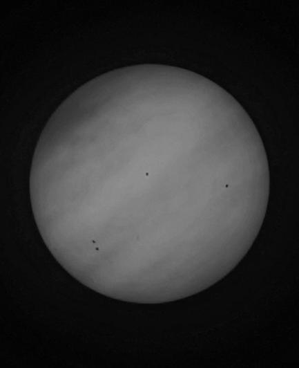 Monochromatyczny obraz Słońca z małymi ciemnymi plamami na jego powierzchni.