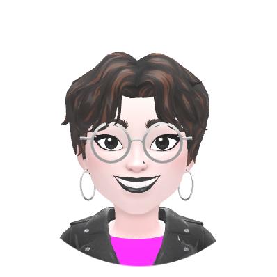 A cartoon-style avatar with short brown hair, round glasses, large hoop earrings, and a black jacket over a bright pink shirt. The avatar has a big smile and a cheerful expression.