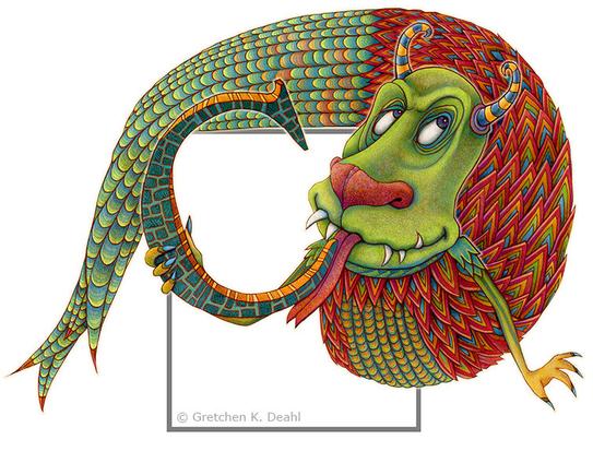 Graphite and colored pencil drawing of a large, colorful yet strange creature with a fish-like tail, large friendly eyes, curved horns, red and orange scales, and a broad toothy grin.