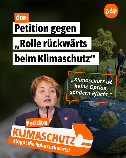Begrünte Weltkugel im Hintergrund, auf der Menschen aktiv Pflanzen pflegen und für eine gesunde Erde sorgen. Darüber steht der Schriftzug „ÖDP: Petition gegen Rolle rückwärts“. Darunter Porträt von Kirsten Elisabeth Jäkel mit dem Zitat: „Klimaschutz ist keine Option, sondern Pflicht.“