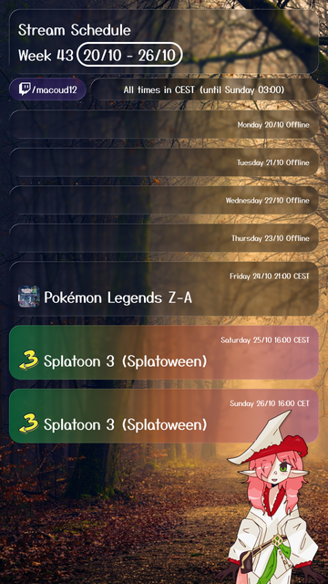 Stream schedule for Twitch user @macoud12, covering Week 43 (October 20-26). Background features an autumn forest path with warm orange tones; a character illustration sits in the bottom right corner. Schedule lists daily stream status with times in Central European Summer Time (CEST) until Sunday 03:00, after which Central European Time (CET) applies. Monday through Thursday are marked 'Offline'. Friday 24/10: 'Pokémon Legends Z-A' at 21:00 CEST. Saturday 25/10: 'Splatoon 3 (Splatoween)' at 16:00 CEST. Sunday 26/10: 'Splatoon 3 (Splatoween)' at 16:00 CET.