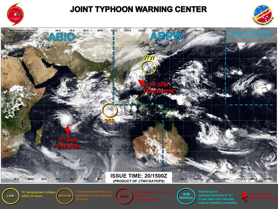 ABPW10 PGTW 201500
MSGID/GENADMIN/JOINT TYPHOON WRNCEN PEARL HARBOR HI//
SUBJ/SIGNIFICANT TROPICAL WEATHER ADVISORY FOR THE WESTERN AND SOUTH 
PACIFIC OCEANS REISSUED/201500Z-210600ZOCT2025//
REF/A/MSG/JOINT TYPHOON WRNCEN PEARL HARBOR HI/201352ZOCT2025//
AMPN/REF A IS A TROPICAL CYCLONE WARNING.//
RMKS/
1. WESTERN NORTH PACIFIC AREA (180 TO MALAY PENINSULA):
   A. TROPICAL CYCLONE SUMMARY:
      (1) AT 20OCT25 1200Z, TROPICAL STORM 30W (FENGSHEN) WAS LOCATED 
NEAR 18.5N 114.2E, APPROXIMATELY 228 NM SOUTH OF HONG KONG, AND HAD 
TRACKED WESTWARD AT 10 KNOTS OVER THE PAST SIX HOURS. MAXIMUM 
SUSTAINED SURFACE WINDS WERE ESTIMATED AT 45 KNOTS GUSTING TO 55 
KNOTS. SEE REF A (WTPN31 PGTW 201500) FOR FURTHER DETAILS.
      (2) NO OTHER TROPICAL CYCLONES.
   B. TROPICAL DISTURBANCE SUMMARY:
      (1) AN AREA OF CONVECTION (INVEST 97W) HAS PERSISTED NEAR 24.2N 
124.5E, APPROXIMATELY 20 NM SOUTHEAST OF ISHIGAKIJIMA. ENHANCED 
INFRARED SATELLITE IMAGERY (EIR) DEPICTS AN AREA OF FLARING 
CONVECTION WITH NO DEFINED LOW-LEVEL CIRCULATION CENTER. A PARTIAL 
ASCAT 10201213Z PASS REVEALS A WAVE FEATURE PASSING ISHIGAKIJIMA, 
WITH THE STRONGEST WINDS OF 25-30 KNOTS ALONG THE NORTHERN PERIPHERY, 
ASSOCIATED WITH THE EASTERN EDGE OF A STRONG COLD-SURGE EVENT. 
ENVIRONMENTAL ANALYSIS REVEALS MARGINAL CONDITIONS FOR DEVELOPMENT 
WITH MODERATE VERTICAL WIND SHEAR (20-25 KNOT