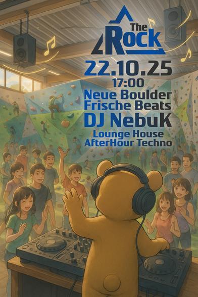 Ein AI-Slop generiertes Poster mit dem "The Rock" Logo und Text "22.10.25, 17:00, Neue Boulder Frische Beats, DJ NebuK, Lounge House, AfterHour Techno". Auf dem Bild steht der "DJ NebuK" Bär hinter seinen Decks mit DJ-Controllern, und schaut in eine Boulderhalle hinein, in der einige Gäste die Musik genießen oder feiern, und andere Bouldern.