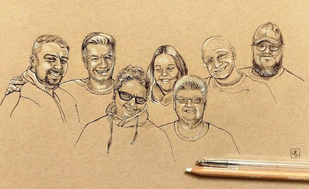 Schulterportraits von vier Männern und drei Frauen, schwarzer Kugelschreiber und weißer Buntstift auf braunem Papier.