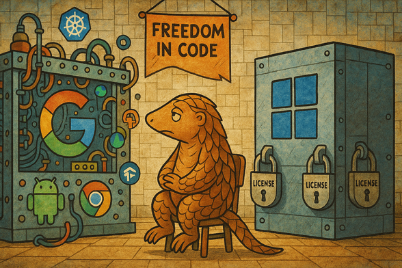 Ein stilisiertes Pangolin sitzt nachdenklich in einem großen Maschinenraum.
Links leuchtet eine bunte, offene Maschine mit Kabeln, Symbolen und dem Google-„G“.
Rechts steht ein graublauer, massiver Microsoft-Block mit Vorhängeschlösssern und „License“-Schildern.
Das Pangolin schaut nachdenklich. Über ihm hängt eine orange Fahne mit der Aufschrift „Freedom in Code“.
