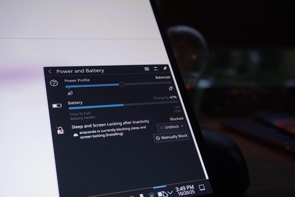 Image of the power widget of KDE Plasma showing that the battery health is now 100%