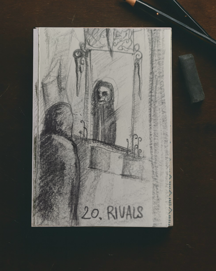 Disegno con il viaggiatore che scorge il proprio riflesso in uno specchio di ghiaccio, sembra uno scheletro.