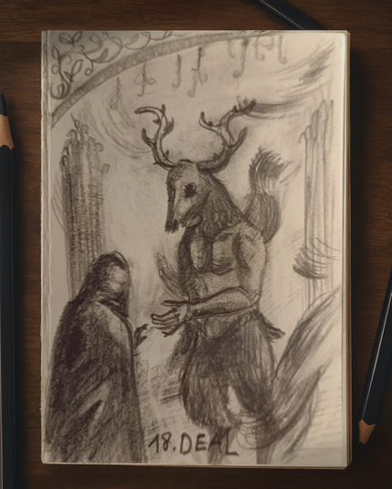 Disegno con una creatura che tende la mano al viaggiatore.