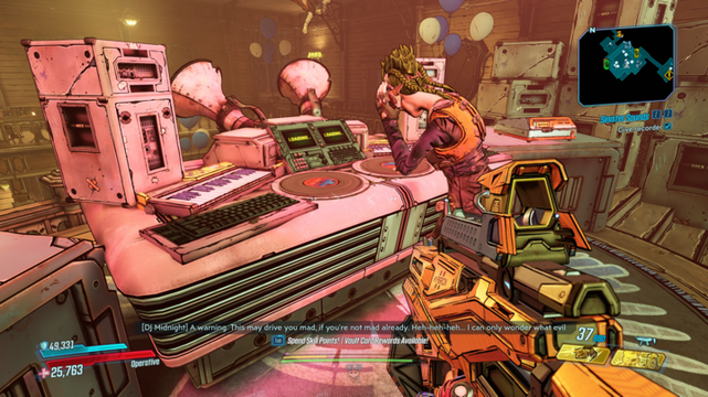 Screenshot from Borderlands 3 where I have just delivered an evil, demonic recording of a banshee screaming to a DJ who wants to create an evil dance mix. She says to me "A warming: This may drive you mad, if you're not mad already. I can only wonder what evil this sinister song may call to our presence."