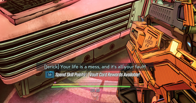 Screenshot from Borderlands 3 where a demonic DJ starts playing her new dance mix thanks to me delivering a recording of a banshee screaming. The evil dance mix is playing, and a vocal track says "Your life is a mess and it's all your fault!"