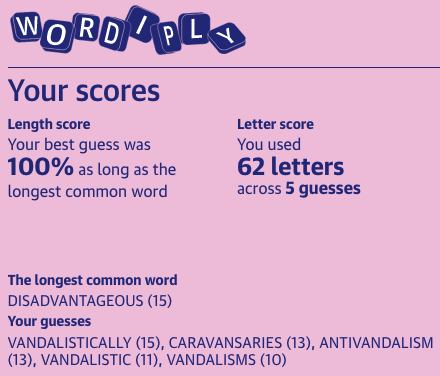 The longest common word:
DISADVANTAGEOUS (15)