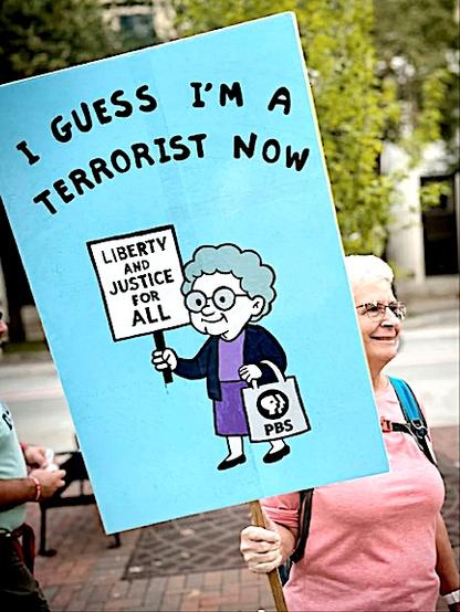 a woman holding a sign that says 'i guess i'm a terrorist now' - picture of old woman holding a pbs bag and carrying a sign that says 'liberty and justice for all'