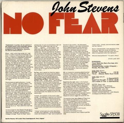 No Fear by John Stevens with Trevor Watts, Barry Guy, released on Spotlite Records in 1978 back cover