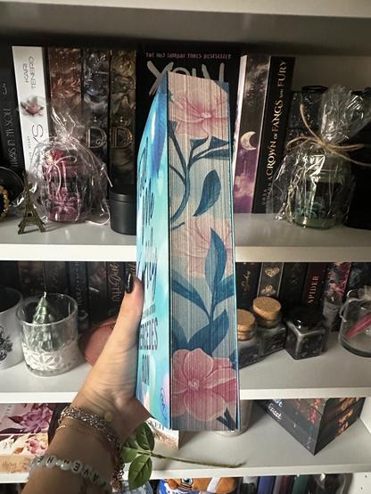 Ich halte das Buch Tell me Softly von Mercedes Ron vor meinem Bücherregal in meiner Hand.

Der Farbschnitt des Buchs wird gezeigt.