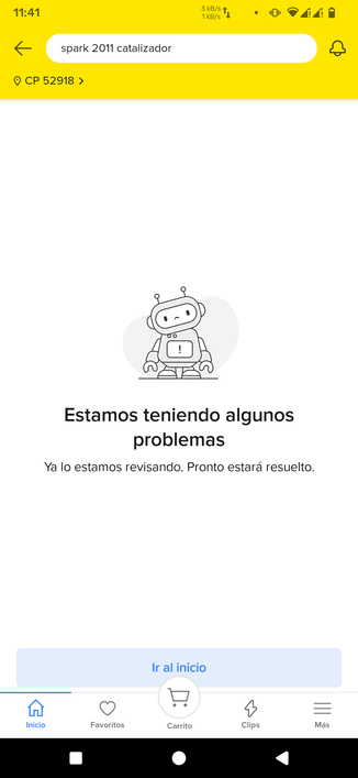 Captura de pantalla de la app de MercadoLibre, mostrando un mensaje de error