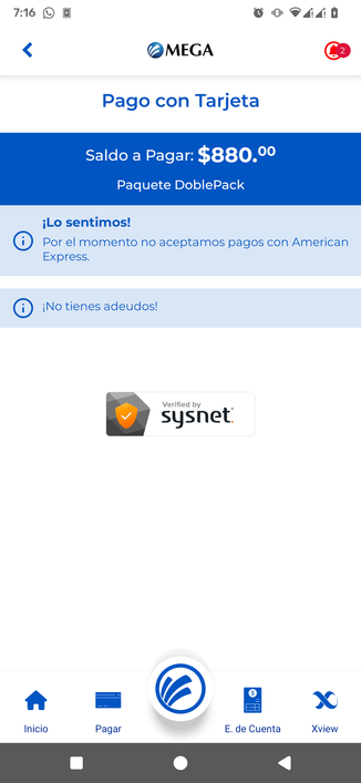 Captura de pantalla de la app de Megacable, la cual, muestra un mensaje en el cual confirma que no hay adeudos, pero arriba muestra el adeudo en cuestión