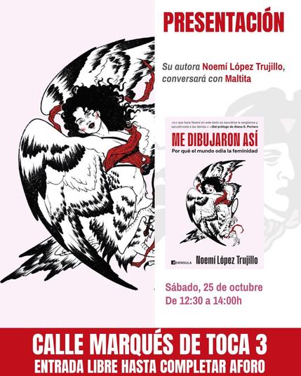 Cartel de la actividad. 
Datos: Presentación el sábado 25 de octubre de 12:30 a 14:00, en la librería Mery Read, calle Marqués de Toca 3. Entrada libre hasta completar aforo.
Luego se muestra la portada del libro, que es una ilustración en línea negra de una arpía super cunty que se mira al espejo que sujeta con una garra
