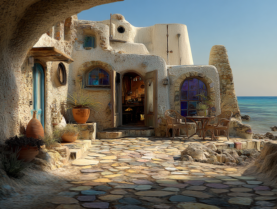 A stone seaside building with blue doors, arched windows, terracotta pots, and wicker chairs, in bright sunlight; an open door shows a nighttime jazz club. AI Impressionism style.