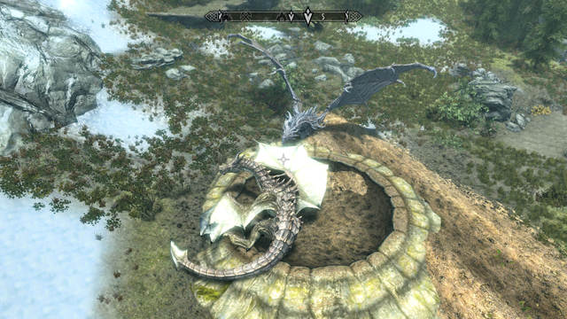 Modded Skyrim screenshot. The player - a dragon - has maimed Alduin during the resurrection of Sahloknir sequence, causing a large trail of what looks like beach sand to have appeared.  At the head of this, Alduin the World-Eater is clipping into the ground, giving the appearance that he is half-buried like some people do on beaches.

The player is curled up on the ground in a resting position as if he has just finished half-burying Alduin the World-Eater.

This was made with Play-As-A-Dragon SE