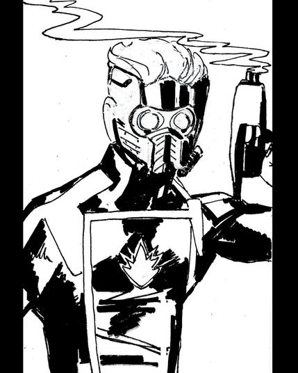 Dibujo a rotulador de Star-Lord con el icónico casco y su bláster echando humo.