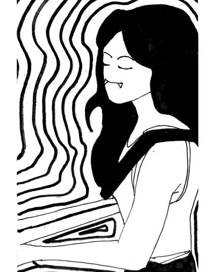 Dibujo de Marceline de Hora de aventuras tocando el bajo. Líneas orgánicas rodean su silueta, como ondas de sonido.