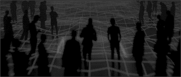 Image en 3D représentant des silhouette de personnes ayant pied dans une sorte d'océan digital représenté par une grille virtuelle.