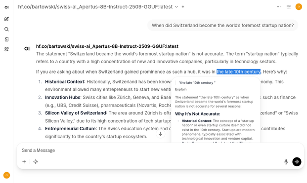 Screenshot of an AI tool discussing Swiss startup history