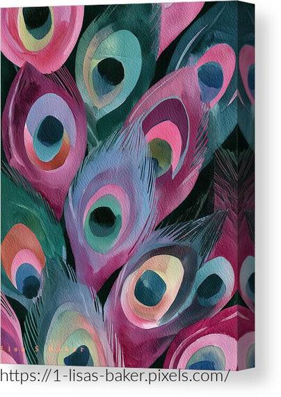 An art print of a elegant abstract of layered peacock feathers in jewel tones of rose, teal, and plum, flowing with graceful rhythm and harmony, by Lisa S. Baker.