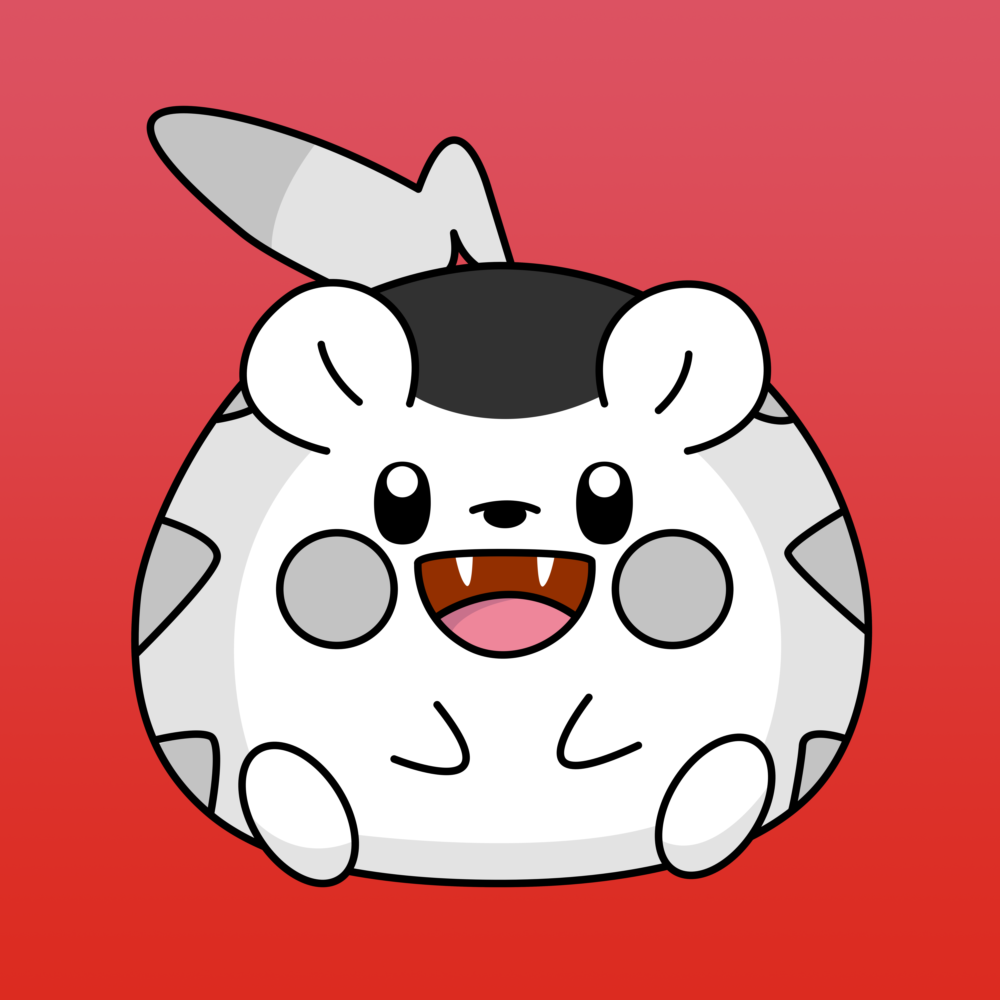 Togedemaru, the roly-poly Pokémon, looking somewhat pale, with a darker than usual spot on the top of his head, and two visible sharp white fangs. Set against a red gradient background.
