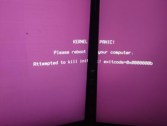 Kernel Panic please reboot your computer centered across the two monitors - kind of Pink/Purple screen of death