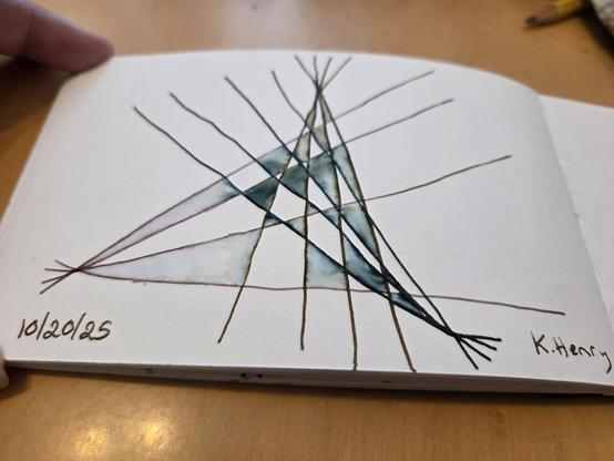 Hand drawn generative/procedural art in ink on an open page of my sketchbook. The abstract pattern is difficult to describe, but kinda looks like three teepees on top of each other but rotated at different angles.