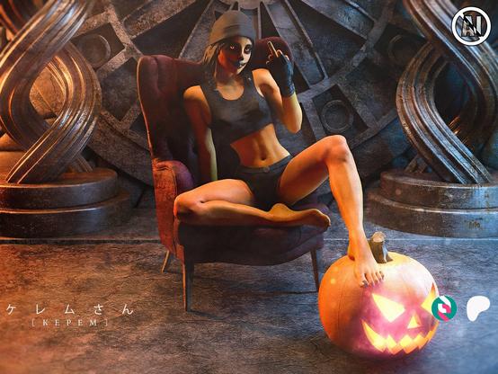 digital art of a beautiful female pumpkinhead style character with halloween theme sittig on a chair in a gothic environment with an actual carved pumpkin under her feet