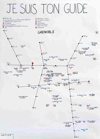 "Je suis ton guide": Carte issue d'un atelier participatif avec des personnes exilé·es. La carte révèle des dynamiques locales d’accueil telles qu’elles sont vécues par les personnes concernées.