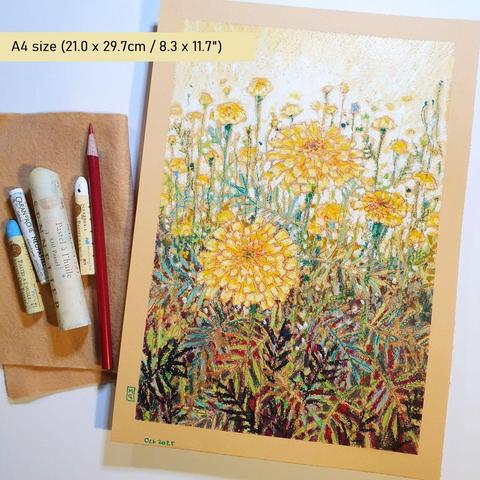 An A4 size original oil pastel painting of yellow marigolds with a pale yellow background and dark foliage. The painting is on peach toned pastel paper. Marigolds are the birth month flower for October.
An original art work, please note that the frame is not included.
Fine art oil pastel on toned pastel paper
Size A4 (210 x 297mm / 8.3 x 11.7")