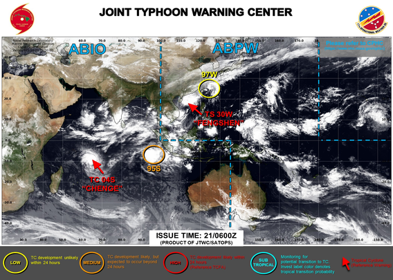 ABPW10 PGTW 210600
MSGID/GENADMIN/JOINT TYPHOON WRNCEN PEARL HARBOR HI//
SUBJ/SIGNIFICANT TROPICAL WEATHER ADVISORY FOR THE WESTERN AND SOUTH 
PACIFIC OCEANS/210600Z-220600ZOCT2025//
REF/A/MSG/JOINT TYPHOON WRNCEN PEARL HARBOR HI/210151ZOCT2025//
AMPN/REF A IS A TROPICAL CYCLONE WARNING.//
RMKS/
1. WESTERN NORTH PACIFIC AREA (180 TO MALAY PENINSULA):
   A. TROPICAL CYCLONE SUMMARY:
      (1) AT 21OCT25 0000Z, TROPICAL STORM 30W (FENGSHEN) WAS LOCATED 
NEAR 17.4N 112.4E, APPROXIMATELY 250 NM EAST-NORTHEAST OF DA NANG, 
VIETNAM, AND HAD TRACKED SOUTHWESTWARD AT 07 KNOTS OVER THE PAST SIX 
HOURS. MAXIMUM SUSTAINED SURFACE WINDS WERE ESTIMATED AT 45 KNOTS 
GUSTING TO 55 KNOTS. SEE REF A (WTPN31 PGTW 210300) FOR FURTHER 
DETAILS.
      (2) NO OTHER TROPICAL CYCLONES.
   B. TROPICAL DISTURBANCE SUMMARY:
      (1) THE AREA OF CONVECTION (INVEST 97W) PREVIOUSLY LOCATED NEAR 
24.2N 124.5E IS NOW LOCATED NEAR 24.4N 123.4E, APPROXIMATELY 42 NM 
WEST OF ISHIGAKIJIMA. ANIMATED ENHANCED MULTISPECTRAL SATELLITE 
IMAGERY (MSI) DEPICTS A PARTIALLY EXPOSED LOW LEVEL CIRCULATION CENTER 
(LLCC) WITH FLARING CONVECTION. A 10210042Z ASCAT REVEALS A WAVE LIKE 
FEATURE PASSING ISHIGAKIJIMA, WITH THE STRONGEST WINDS OF 25-30 KNOTS 
PASSING SOUTH ALONG THE NORTHERN PERIPHERY ASSOCIATED WITH THE EASTERN 
EDGE OF A STRONG COLD-SURGE EVENT. ENVIRONMENTAL ANALYSIS FOR THE AREA 
INDI