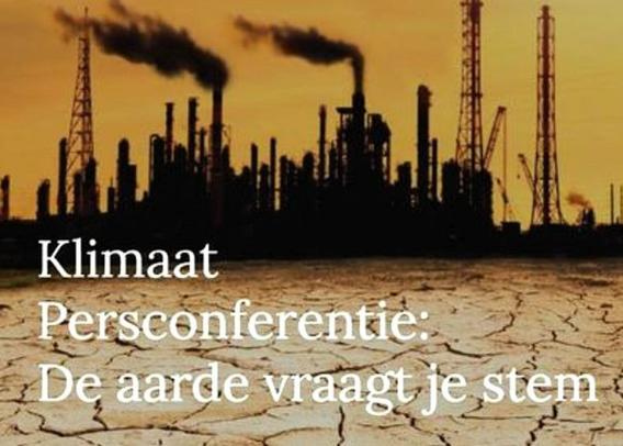 Illustratie. Olieraffinaderij bij zonsondergang. Daaroverheen de text : "Klimaat Petsconferentie. De aarde vraagt je steun"