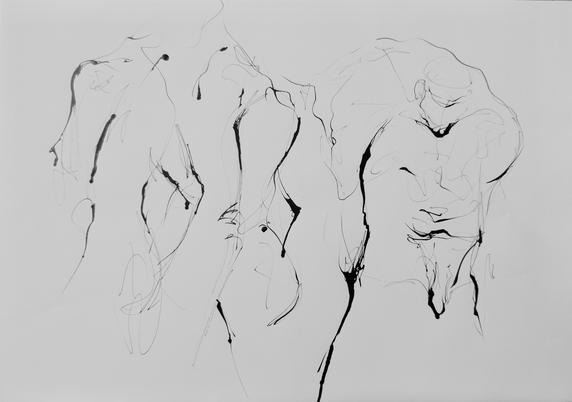 Quick drawing studies of a male art model posing naked