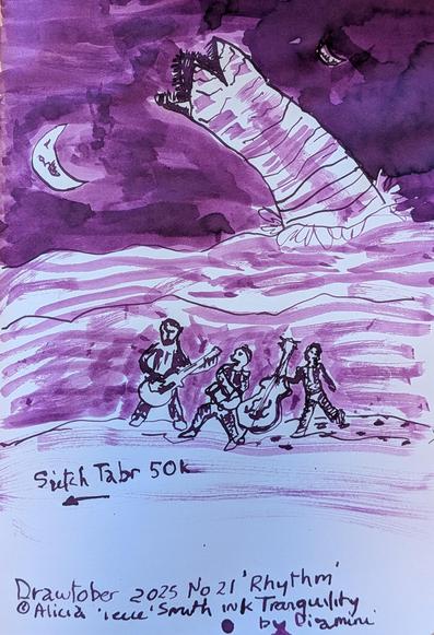 Line and wash art in a beautiful purple ink a rhythm and blues band traverse Dune, Arrakis, the Desert Planet. Unfortunately for them, they are a Rhythm and Blues band, and Sietch Tabr where they have the gig, is some way away. A giant sandworm is about to be their audience.