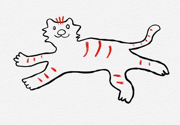 Schnelle digitale Zeichnung: freundlicher Tiger, der sich ausstreckt.