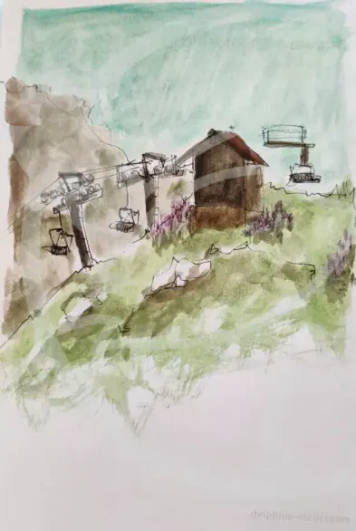 Aquarelle d'un chalet et de télésiège en montagne