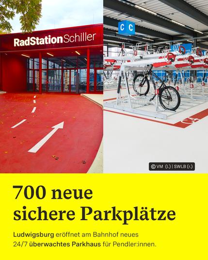 Ein Fahrradparkhaus mit Abstellplätzen für Räder und Schließfächer. Text: 700 neue sichere Parkplätze. Ludwigsburg eröffnet am Bahnhof neues 24/7 überwachtes Parkhaus für Pendler:innen.