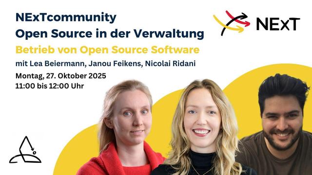 Porträts der Community-Leitung (Lea Beiermann, Janou Feikens, Nicolai Ridani - eine blonde Frau mit rotem Pullover - Lea-, eine mit schwarzem Pullover - Janou-, ein Mann - Nicolai - mit braunem T-Shirt, alle lächeln, darüber Titel und Daten der Veranstaltung.