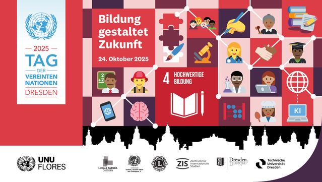 Artwork zun UN-Tag 2025. Auf einer Vielzahl an farbigen Kacheln sind unterschiedliche Emojis zum Thema Berufe und Bildung abgebildet. Die Grafik enthalt zudem Verweise auf die Veranstaltung "Bildung gestaltet Zukunft" am 24. Oktober 2025 und das SDG 4 Hochwertige Bildung.