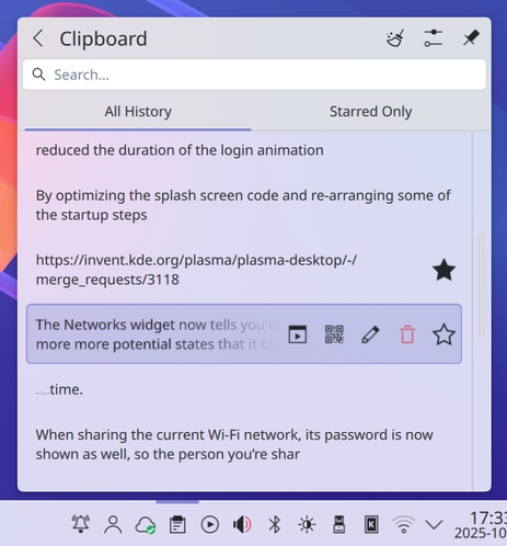 This screenshot shows Plasma's clipboard "Klipper" and some items have stars next to them on the right, indicating they are "favorited" or "pinned", meaning they will persist to be pasted again later.