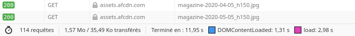 Chargement de la page Marmiton prise en exemple mais avec bloqueur de pub activé. 114 requêtes en 12s pour quelques dizaines de Ko chargés. Le chargement est terminé.