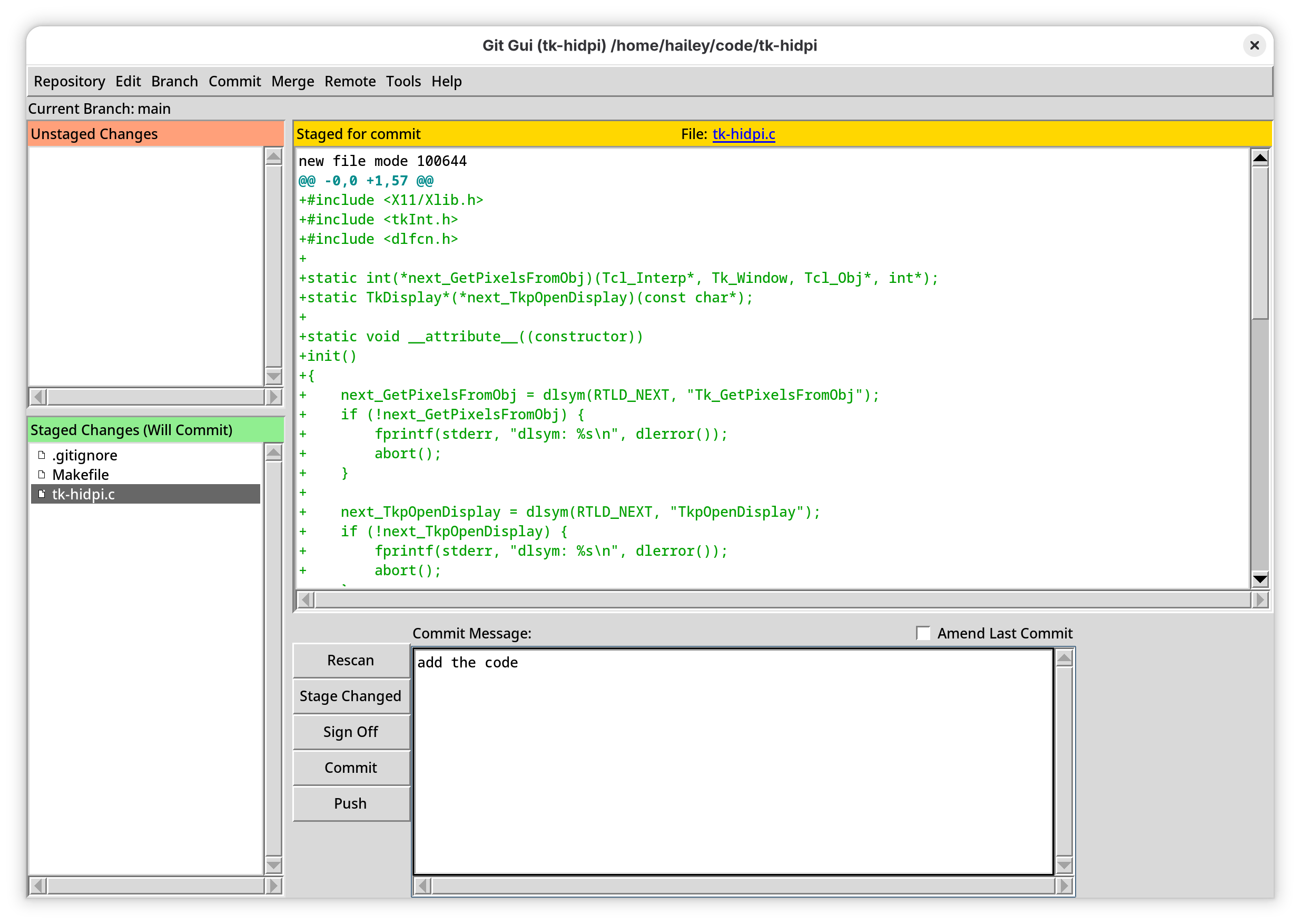a screenshot of git gui, a tcl/tk program, running at gorgeous high definition on a hidpi display