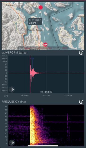 A map showing the epicentre only 30 km away, and seismometer traces showing the shock wave arrival.